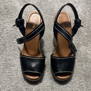 Prada Black Leather Wedge Sandals with Espadrille Detailing